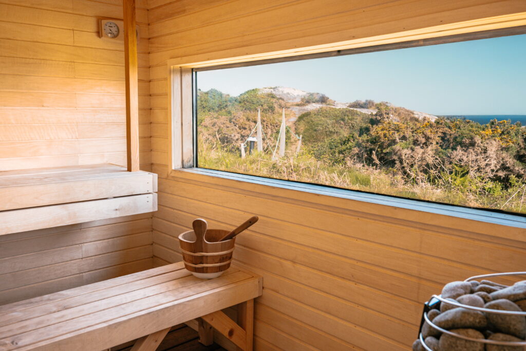 sauna interior with view of the ocean